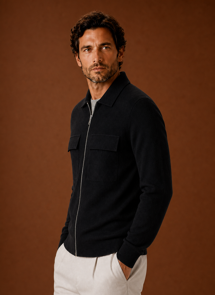 Men's knit full-zip overshirt in a stylish design featuring chest pockets, perfect for smart casual wear. 3