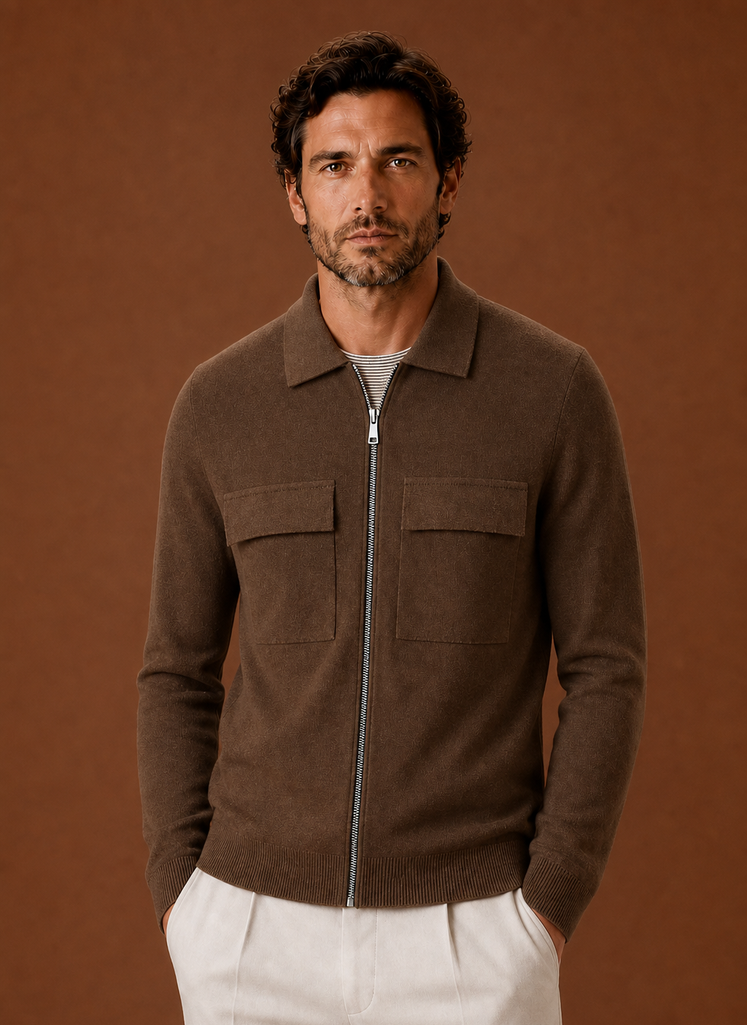 Men's knit full-zip overshirt in a stylish design featuring chest pockets, perfect for smart casual wear. 4
