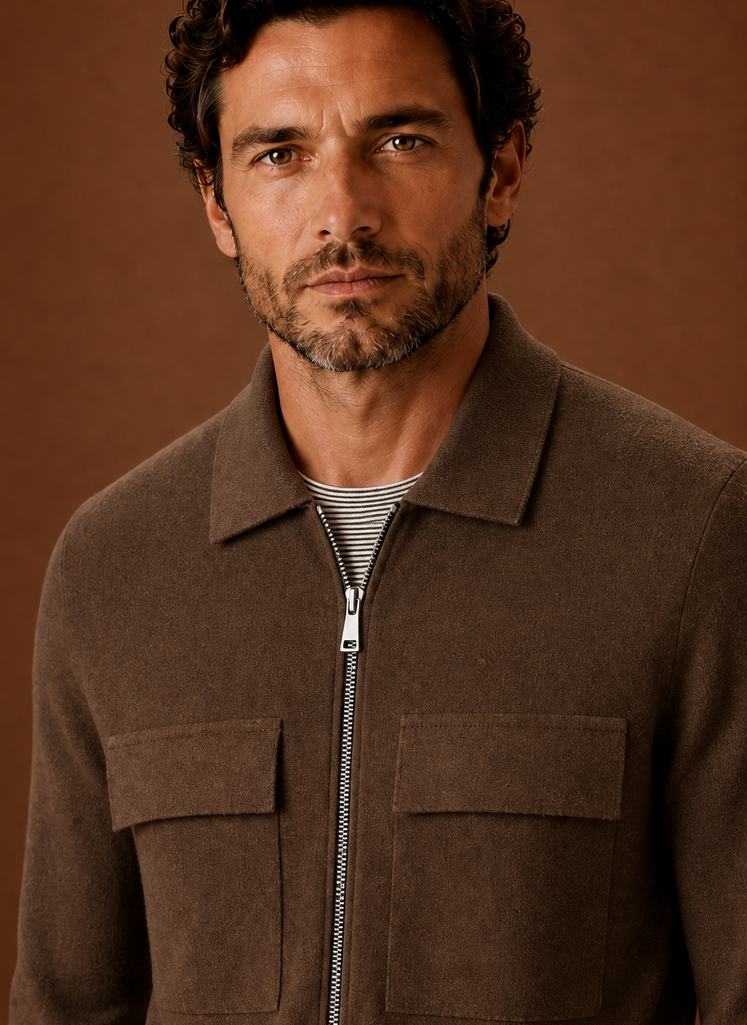 Men's knit full-zip overshirt in a stylish design featuring chest pockets, perfect for smart casual wear. 6