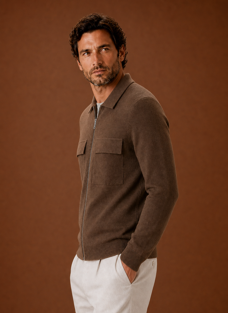 Men's knit full-zip overshirt in a stylish design featuring chest pockets, perfect for smart casual wear. 7