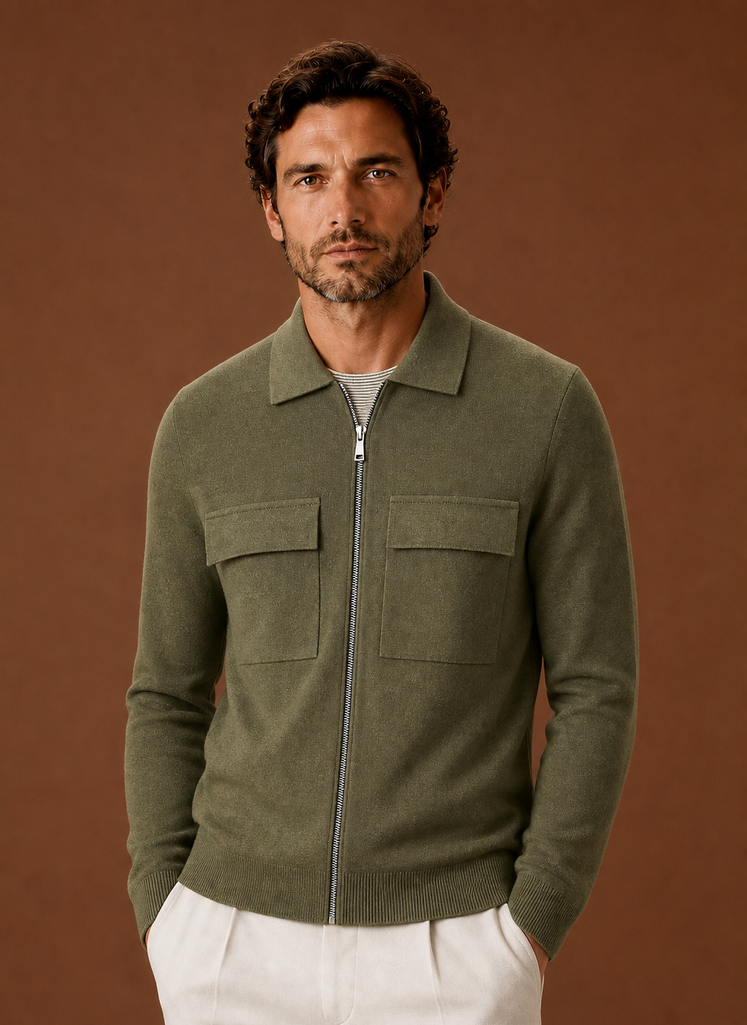 Men's knit full-zip overshirt in a stylish design featuring chest pockets, perfect for smart casual wear. 8