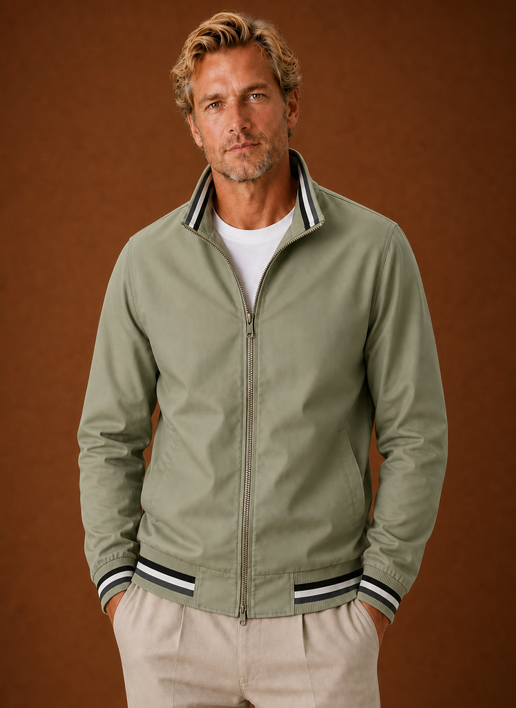 Men's lightweight bomber jacket featuring a zip front closure, perfect for casual wear and stylish layering. 1