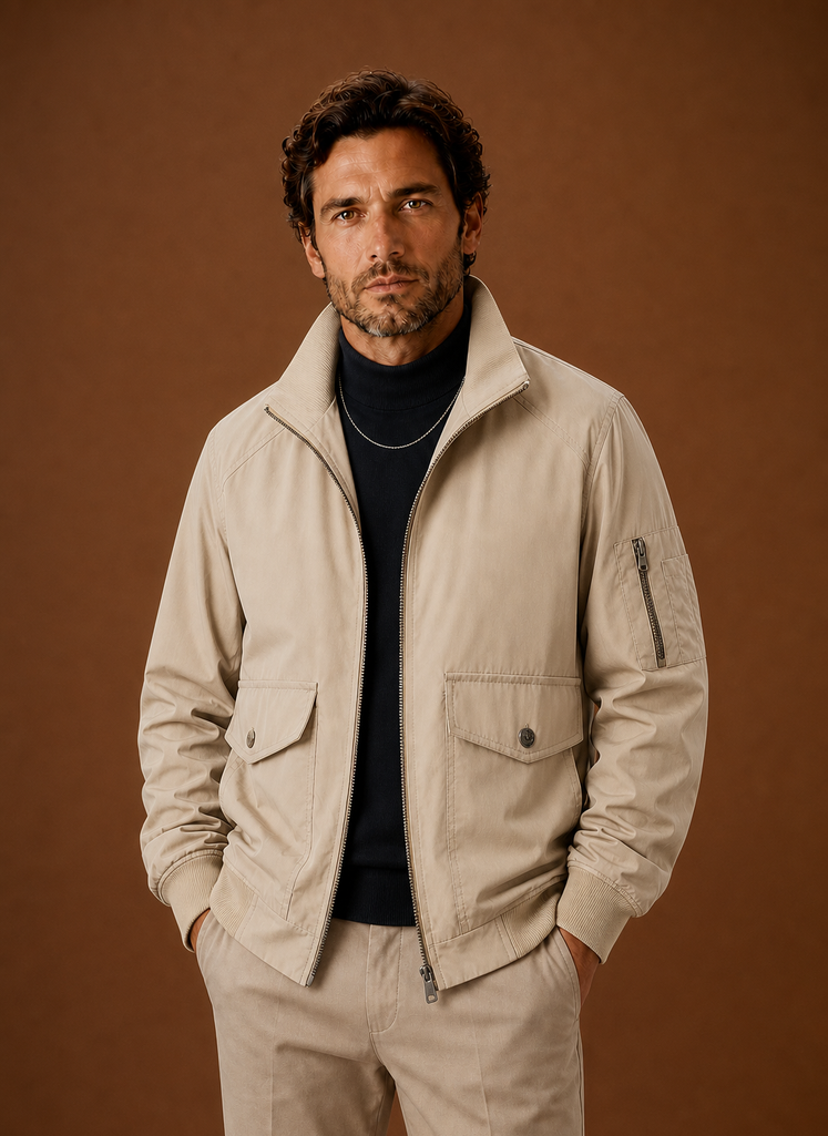 Men's lightweight bomber jacket featuring a zip closure and multiple utility pockets, perfect for a stylish and functional outerwear option. 0
