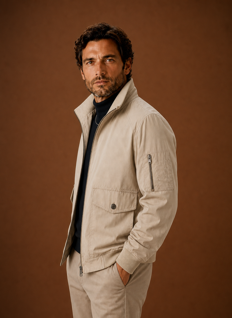 Men's lightweight bomber jacket featuring a zip closure and multiple utility pockets, perfect for a stylish and functional outerwear option. 1