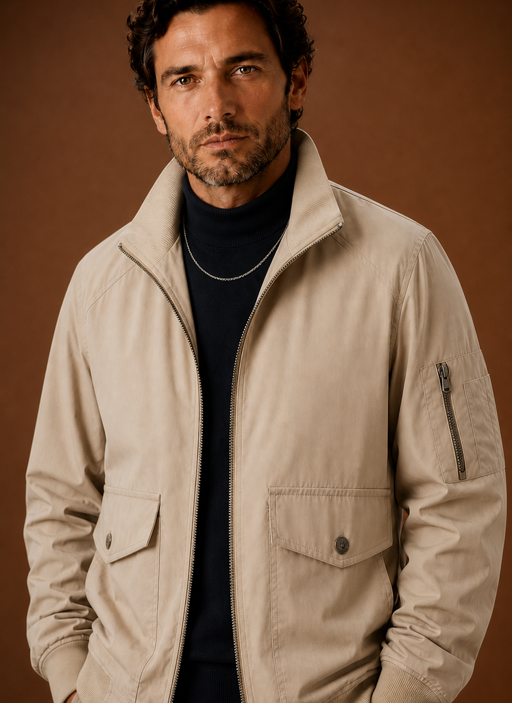 Men's lightweight bomber jacket featuring a zip closure and multiple utility pockets, perfect for a stylish and functional outerwear option. 2