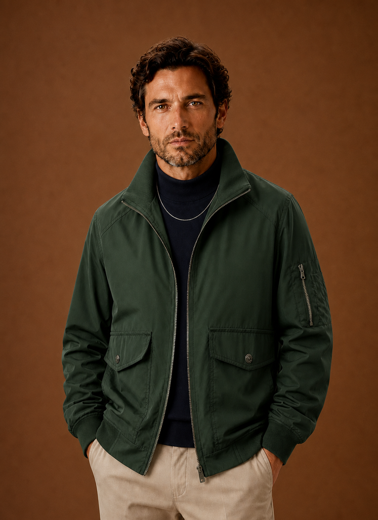 Men's lightweight bomber jacket featuring a zip closure and multiple utility pockets, perfect for a stylish and functional outerwear option. 3
