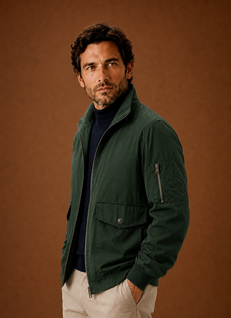 Men's lightweight bomber jacket featuring a zip closure and multiple utility pockets, perfect for a stylish and functional outerwear option. 4