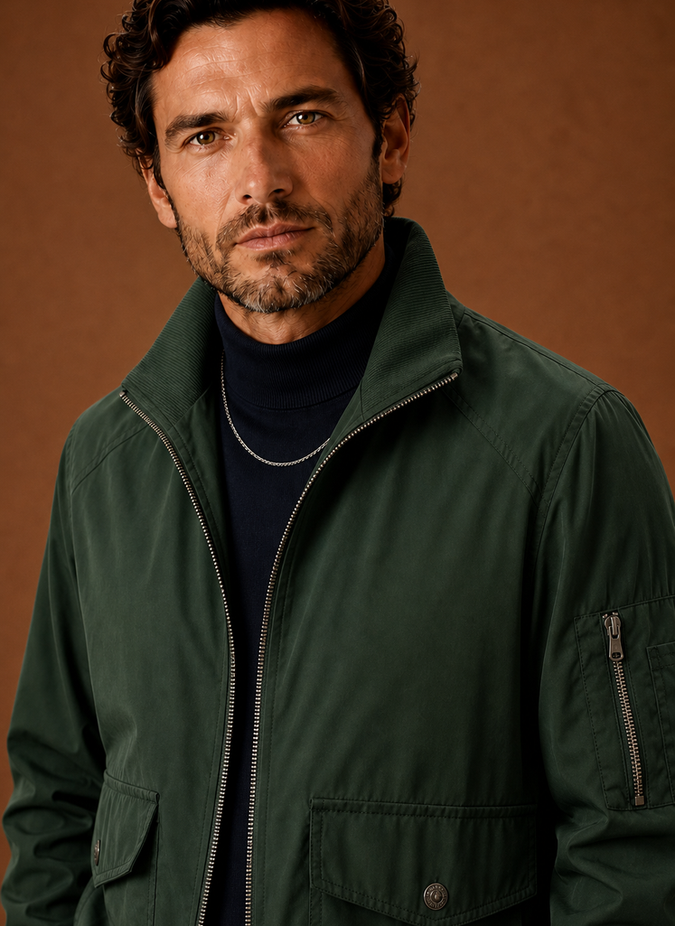 Men's lightweight bomber jacket featuring a zip closure and multiple utility pockets, perfect for a stylish and functional outerwear option. 6