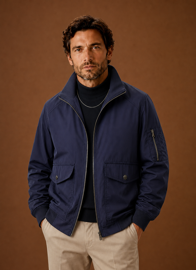 Men's lightweight bomber jacket featuring a zip closure and multiple utility pockets, perfect for a stylish and functional outerwear option. 7