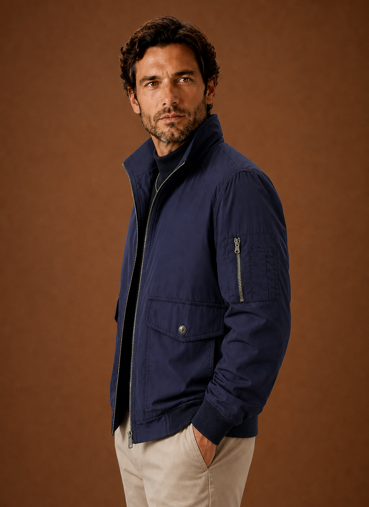 Men's lightweight bomber jacket featuring a zip closure and multiple utility pockets, perfect for a stylish and functional outerwear option. 8