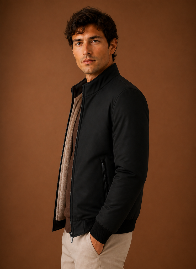 Men's lightweight fleece bomber jacket featuring zip pockets, perfect for casual wear and outdoor activities. 1