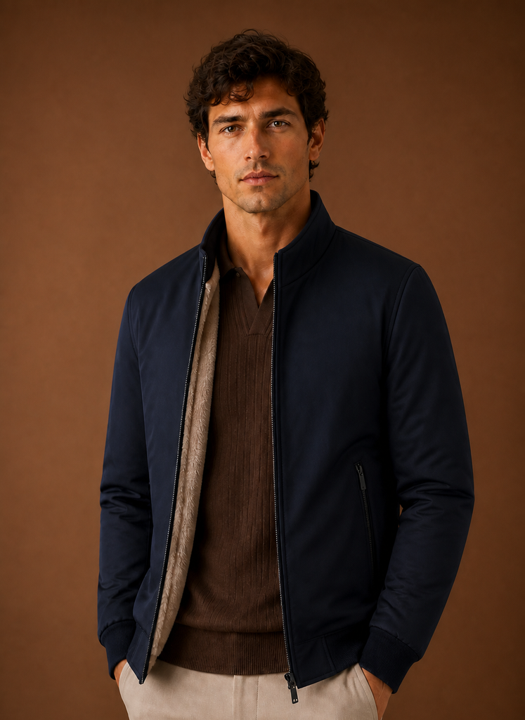 Men's lightweight fleece bomber jacket featuring zip pockets, perfect for casual wear and outdoor activities. 4
