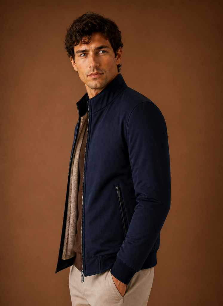 Men's lightweight fleece bomber jacket featuring zip pockets, perfect for casual wear and outdoor activities. 5