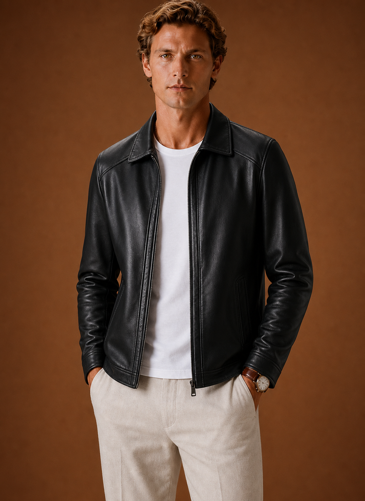 Men's lightweight leather look zip jacket featuring a classic collar, perfect for stylish layering and comfortable wear in various casual settings. 0