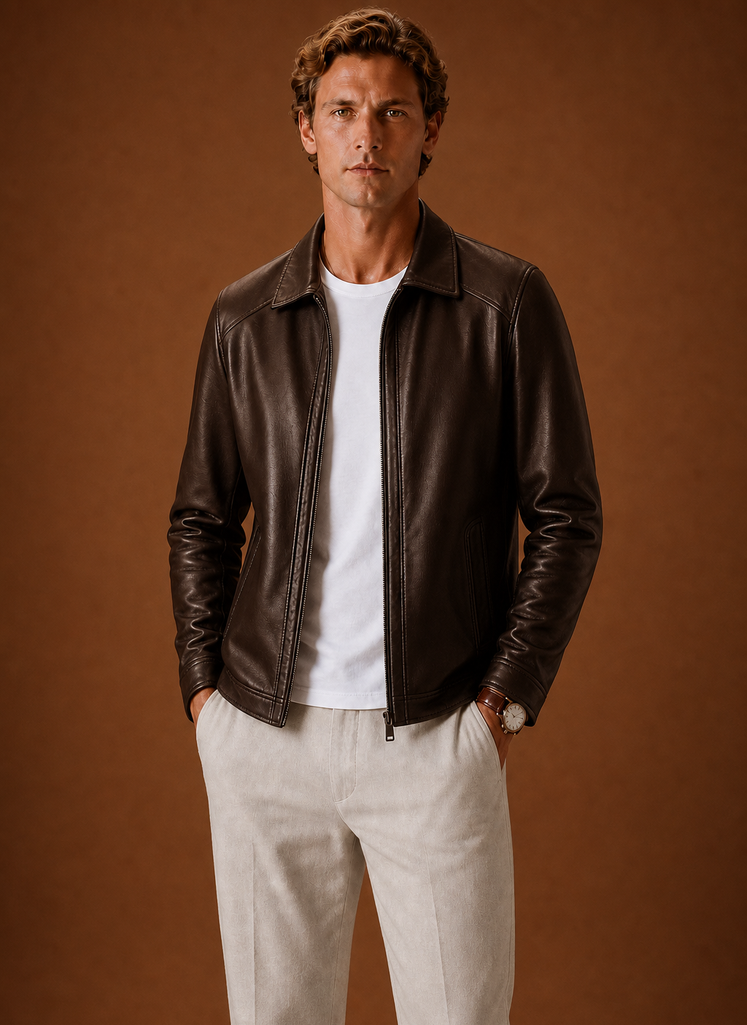 Men's lightweight leather look zip jacket featuring a classic collar, perfect for stylish layering and comfortable wear in various casual settings. 1