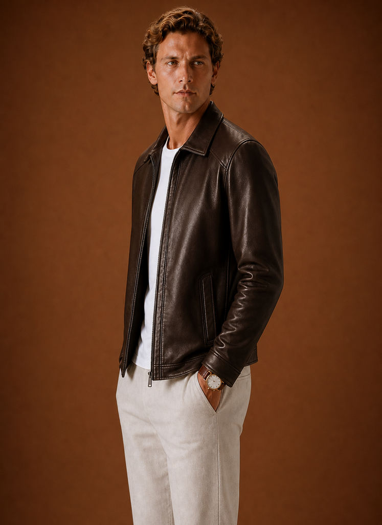 Men's lightweight leather look zip jacket featuring a classic collar, perfect for stylish layering and comfortable wear in various casual settings. 2