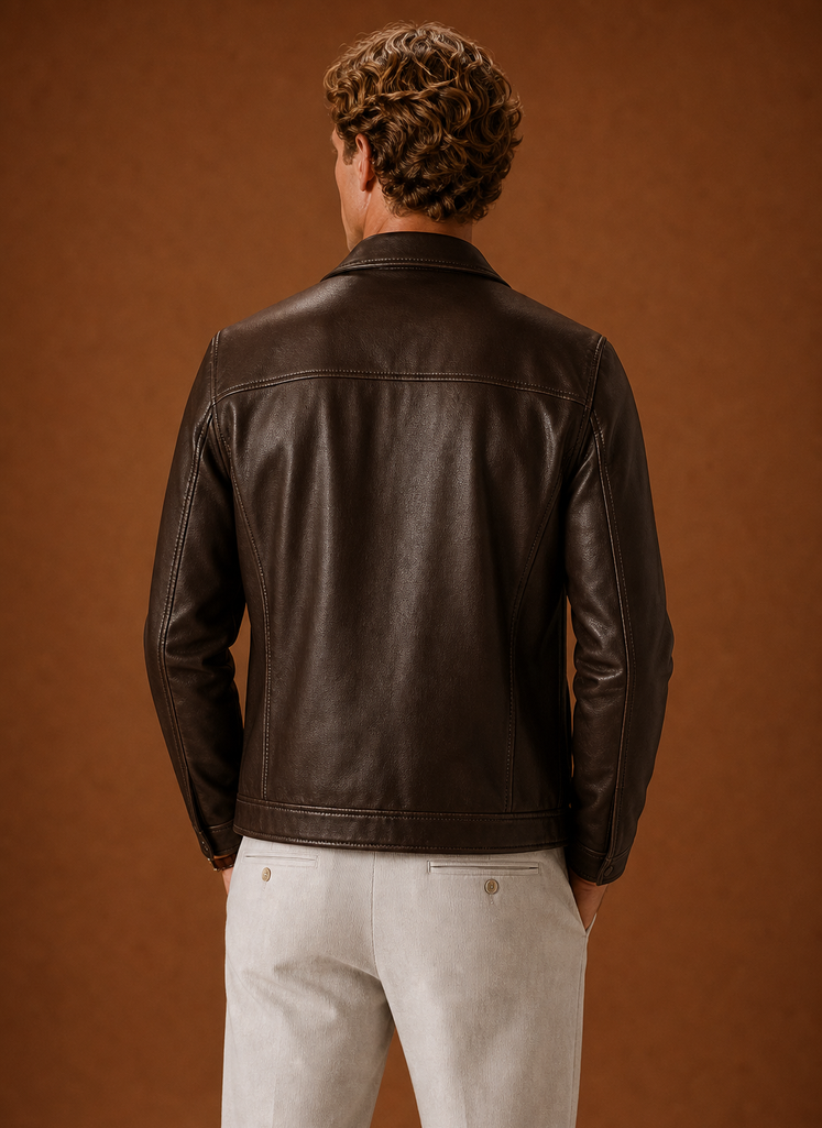 Men's lightweight leather look zip jacket featuring a classic collar, perfect for stylish layering and comfortable wear in various casual settings. 3