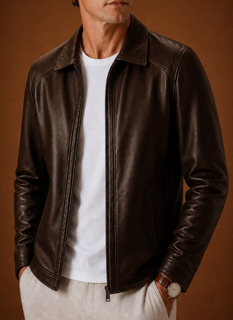 Men's lightweight leather look zip jacket featuring a classic collar, perfect for stylish layering and comfortable wear in various casual settings. 4