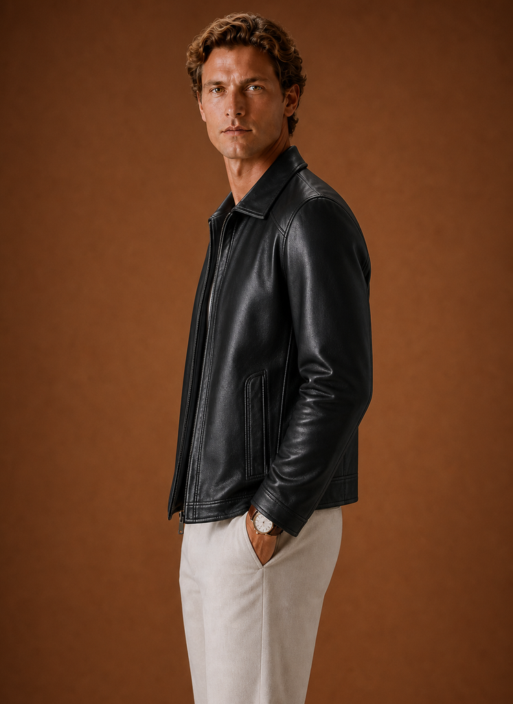 Men's lightweight leather look zip jacket featuring a classic collar, perfect for stylish layering and comfortable wear in various casual settings. 5