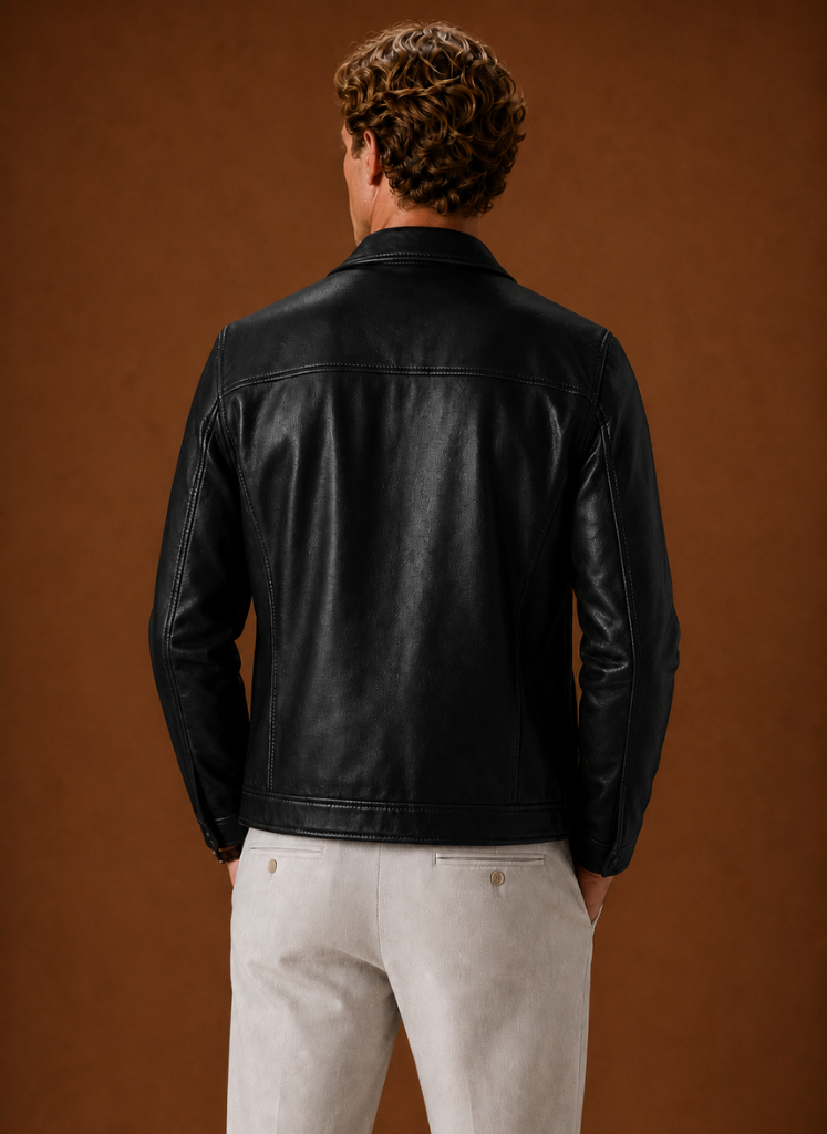 Men's lightweight leather look zip jacket featuring a classic collar, perfect for stylish layering and comfortable wear in various casual settings. 6