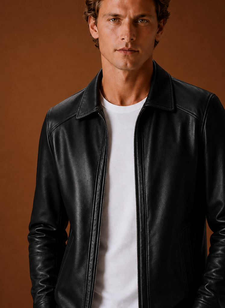 Men's lightweight leather look zip jacket featuring a classic collar, perfect for stylish layering and comfortable wear in various casual settings. 7