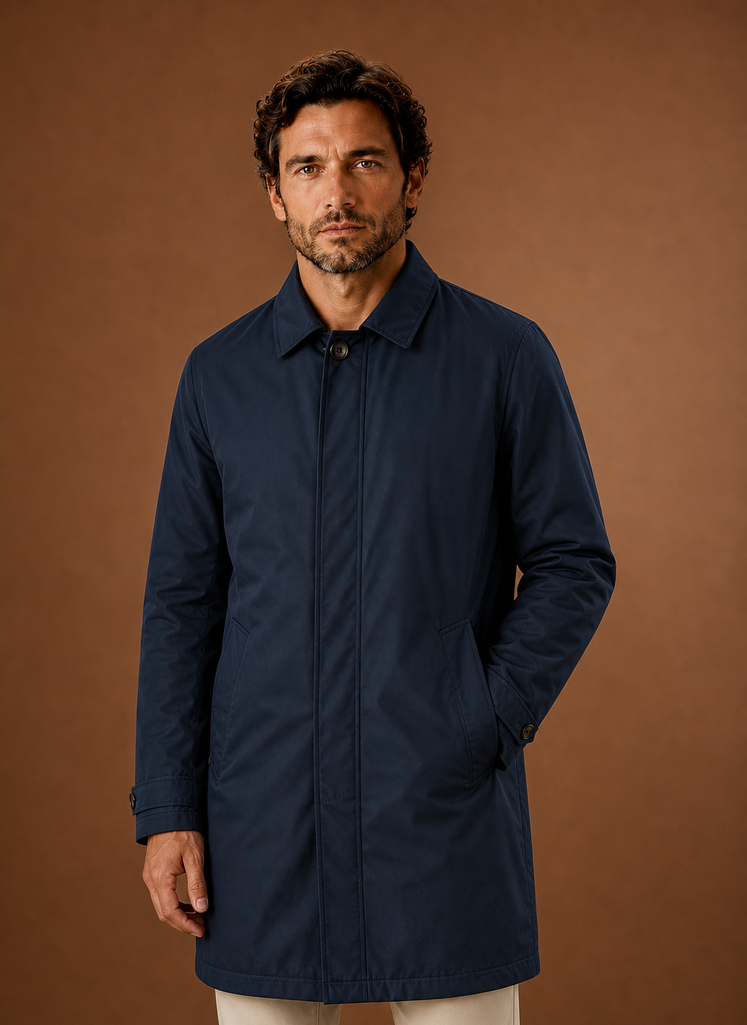 Men's lightweight water-resistant tailored trench coat in classic navy blue, featuring a sleek design, adjustable belt, and stylish lapels, perfect for stylish protection 0