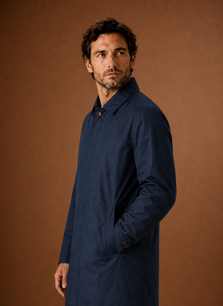 Men's lightweight water-resistant tailored trench coat in classic navy blue, featuring a sleek design, adjustable belt, and stylish lapels, perfect for stylish protection 2