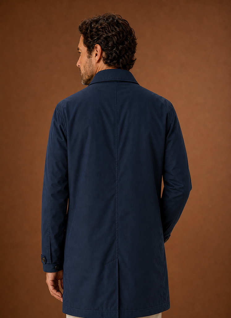 Men's lightweight water-resistant tailored trench coat in classic navy blue, featuring a sleek design, adjustable belt, and stylish lapels, perfect for stylish protection 3