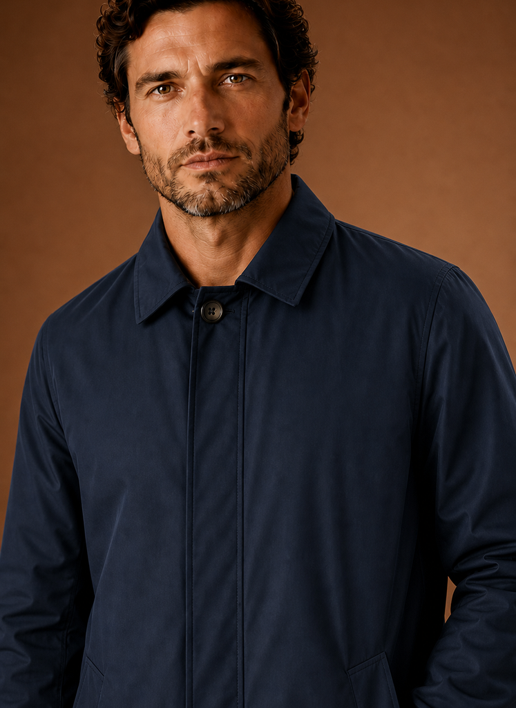 Men's lightweight water-resistant tailored trench coat in classic navy blue, featuring a sleek design, adjustable belt, and stylish lapels, perfect for stylish protection 4
