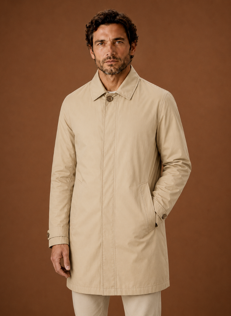 Men's lightweight water-resistant tailored trench coat in classic navy blue, featuring a sleek design, adjustable belt, and stylish lapels, perfect for stylish protection 5