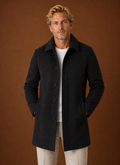 Men's mid-length tailored overcoat in classic design, perfect for winter layering and versatile styling, featuring a sleek silhouette and warm fabric. 0