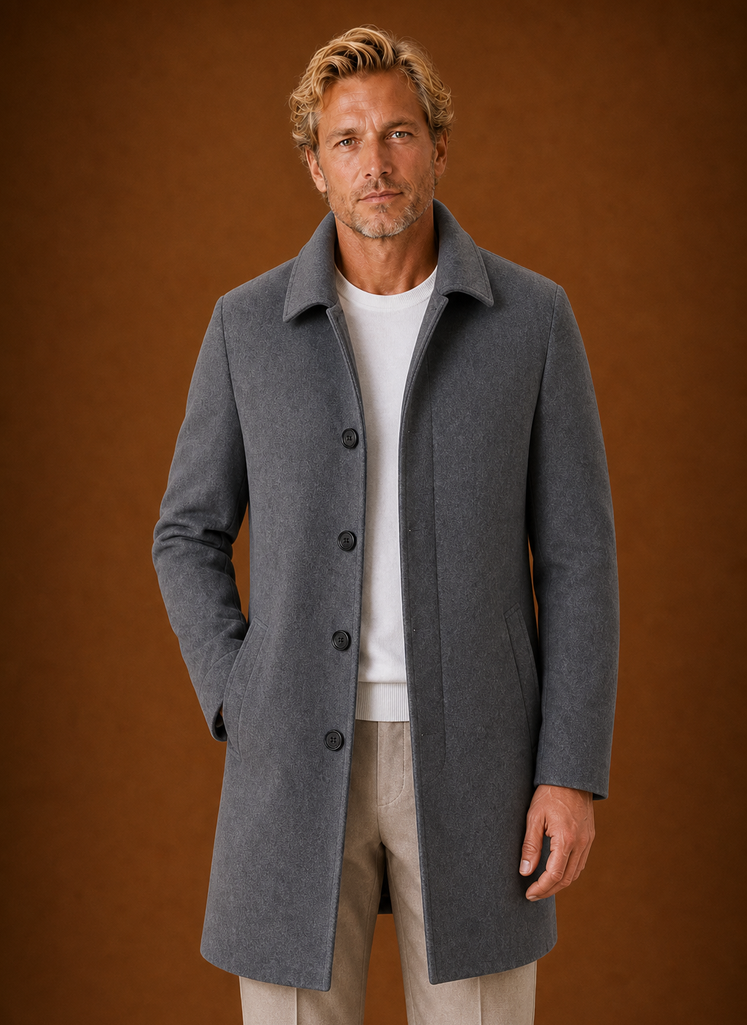Men's mid-length tailored overcoat in classic design, perfect for winter layering and versatile styling, featuring a sleek silhouette and warm fabric. 1