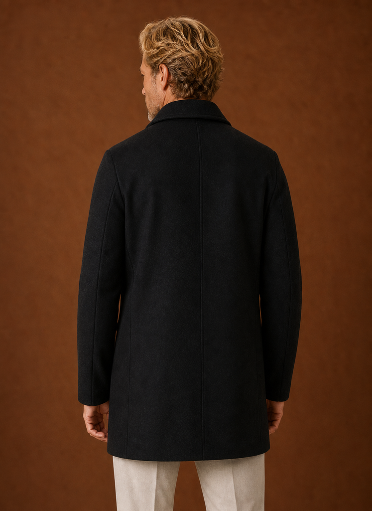 Men's mid-length tailored overcoat in classic design, perfect for winter layering and versatile styling, featuring a sleek silhouette and warm fabric. 2