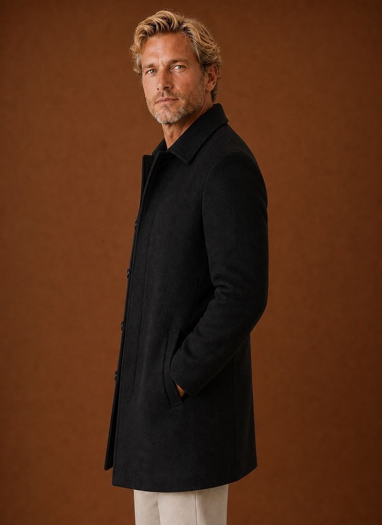 Men's mid-length tailored overcoat in classic design, perfect for winter layering and versatile styling, featuring a sleek silhouette and warm fabric. 3