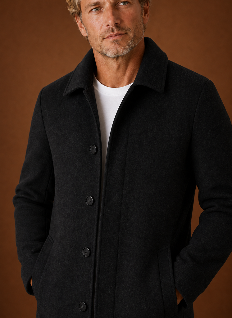 Men's mid-length tailored overcoat in classic design, perfect for winter layering and versatile styling, featuring a sleek silhouette and warm fabric. 4
