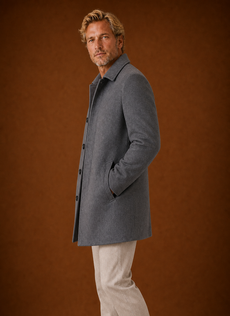 Men's mid-length tailored overcoat in classic design, perfect for winter layering and versatile styling, featuring a sleek silhouette and warm fabric. 5