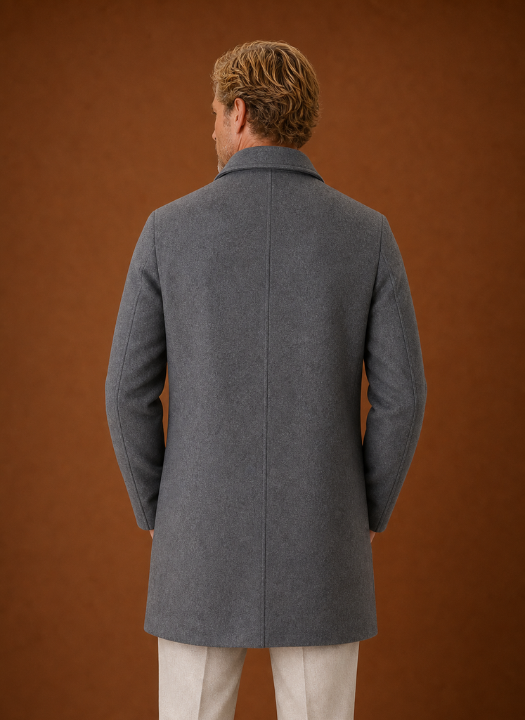 Men's mid-length tailored overcoat in classic design, perfect for winter layering and versatile styling, featuring a sleek silhouette and warm fabric. 6