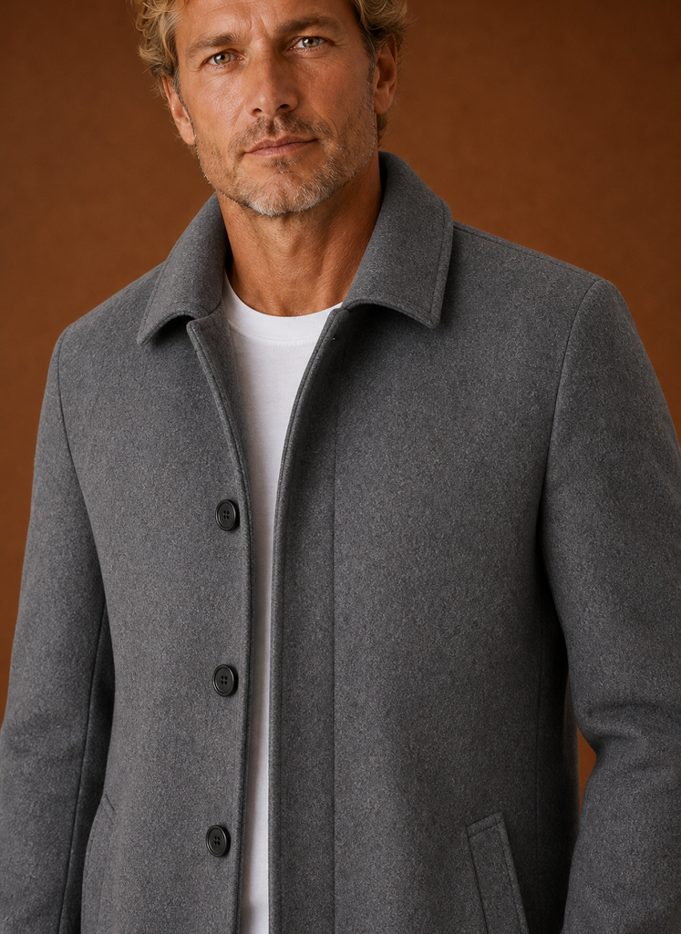 Men's mid-length tailored overcoat in classic design, perfect for winter layering and versatile styling, featuring a sleek silhouette and warm fabric. 7