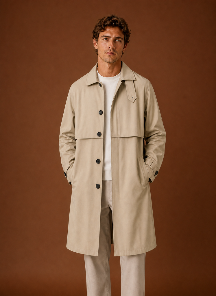 Men's mid-length tailored trench coat in classic design, perfect for versatile layering in any season. 0