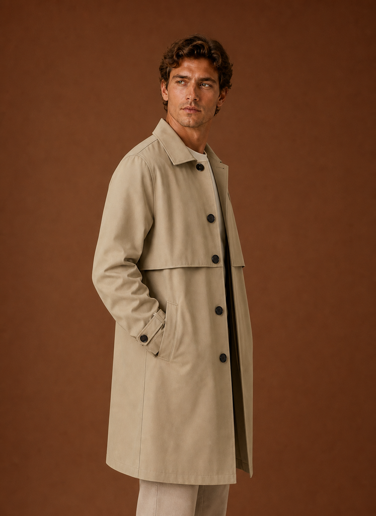 Men's mid-length tailored trench coat in classic design, perfect for versatile layering in any season. 1