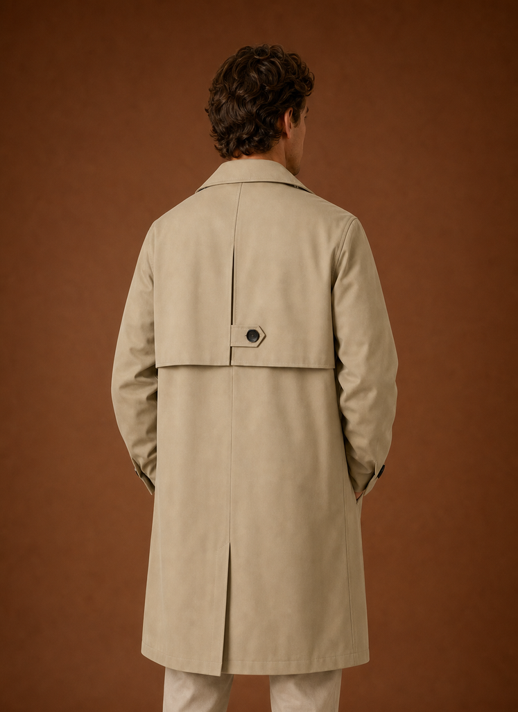 Men's mid-length tailored trench coat in classic design, perfect for versatile layering in any season. 2