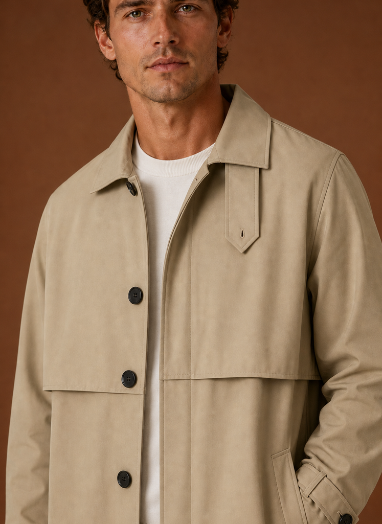 Men's mid-length tailored trench coat in classic design, perfect for versatile layering in any season. 3