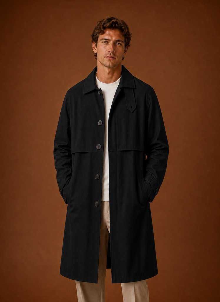 Men's mid-length tailored trench coat in classic design, perfect for versatile layering in any season. 4