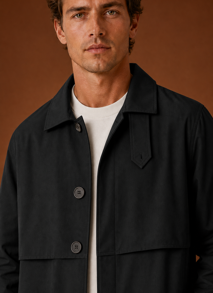 Men's mid-length tailored trench coat in classic design, perfect for versatile layering in any season. 5
