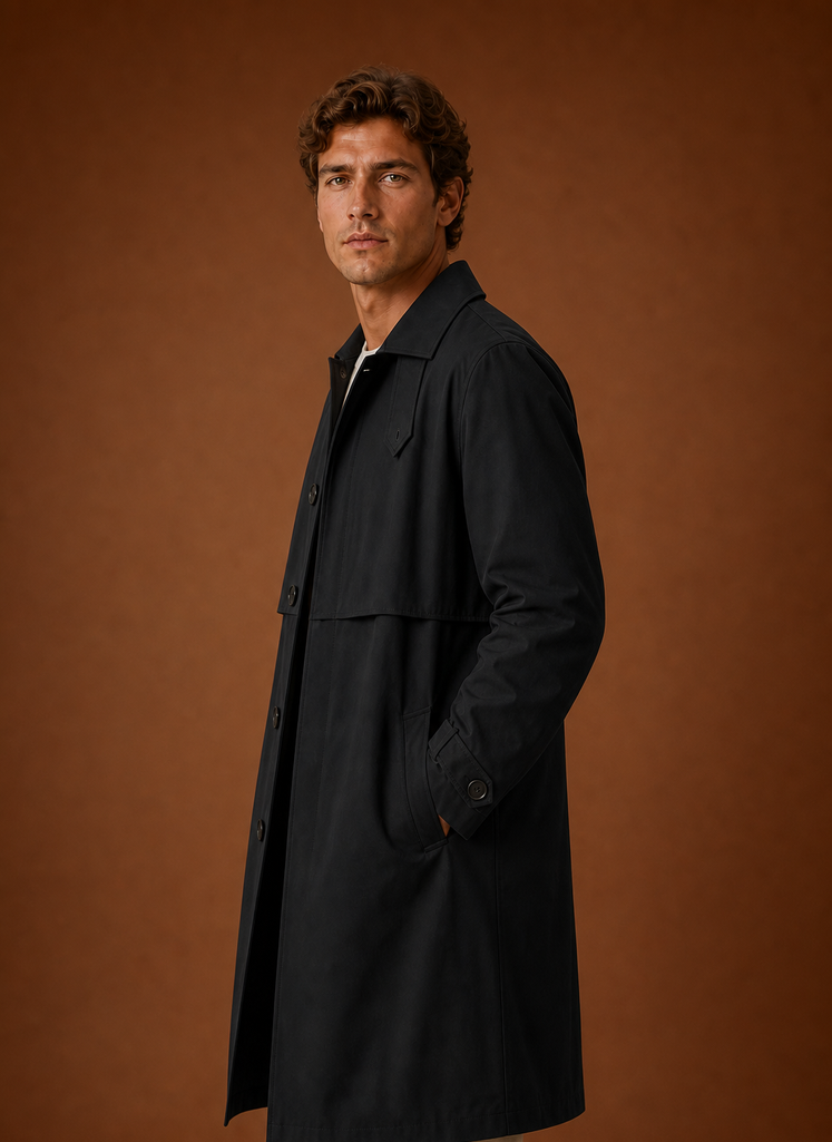 Men's mid-length tailored trench coat in classic design, perfect for versatile layering in any season. 6