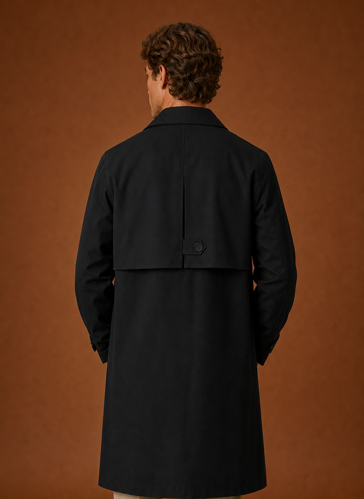 Men's mid-length tailored trench coat in classic design, perfect for versatile layering in any season. 7