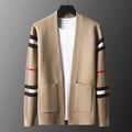 Men's Open-Front Knit Cardigan with Plaid Sleeve Detail 0