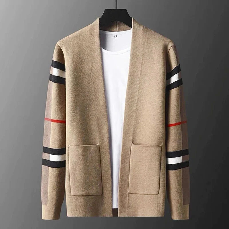 Men's Open-Front Knit Cardigan with Plaid Sleeve Detail 0