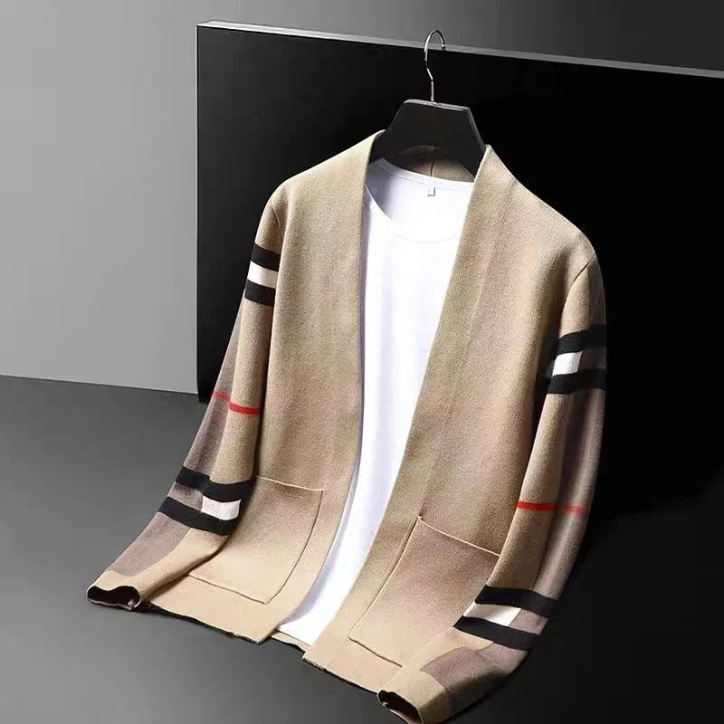 Men's Open-Front Knit Cardigan with Plaid Sleeve Detail 2