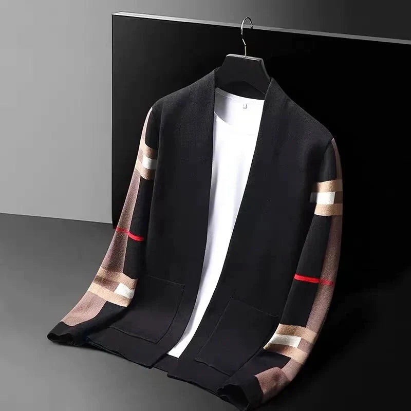 Men's Open-Front Knit Cardigan with Plaid Sleeve Detail 3